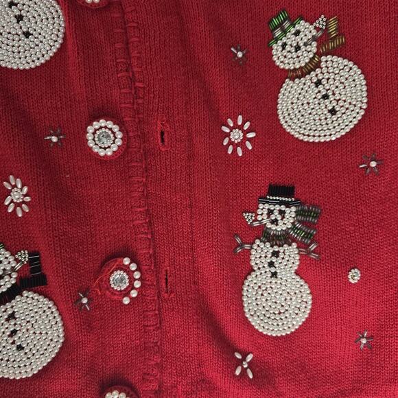 Victoria‎ Jones VTG Christmas Red Cardigan Medium Elegant Beaded Pearls Snowman - Picture 8 of 10